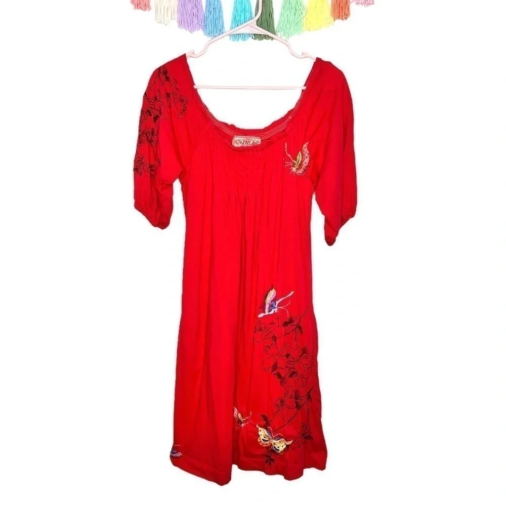 JW Los Angeles Johnny Was Red Multi Floral Butterfly Embroidered Dress Small